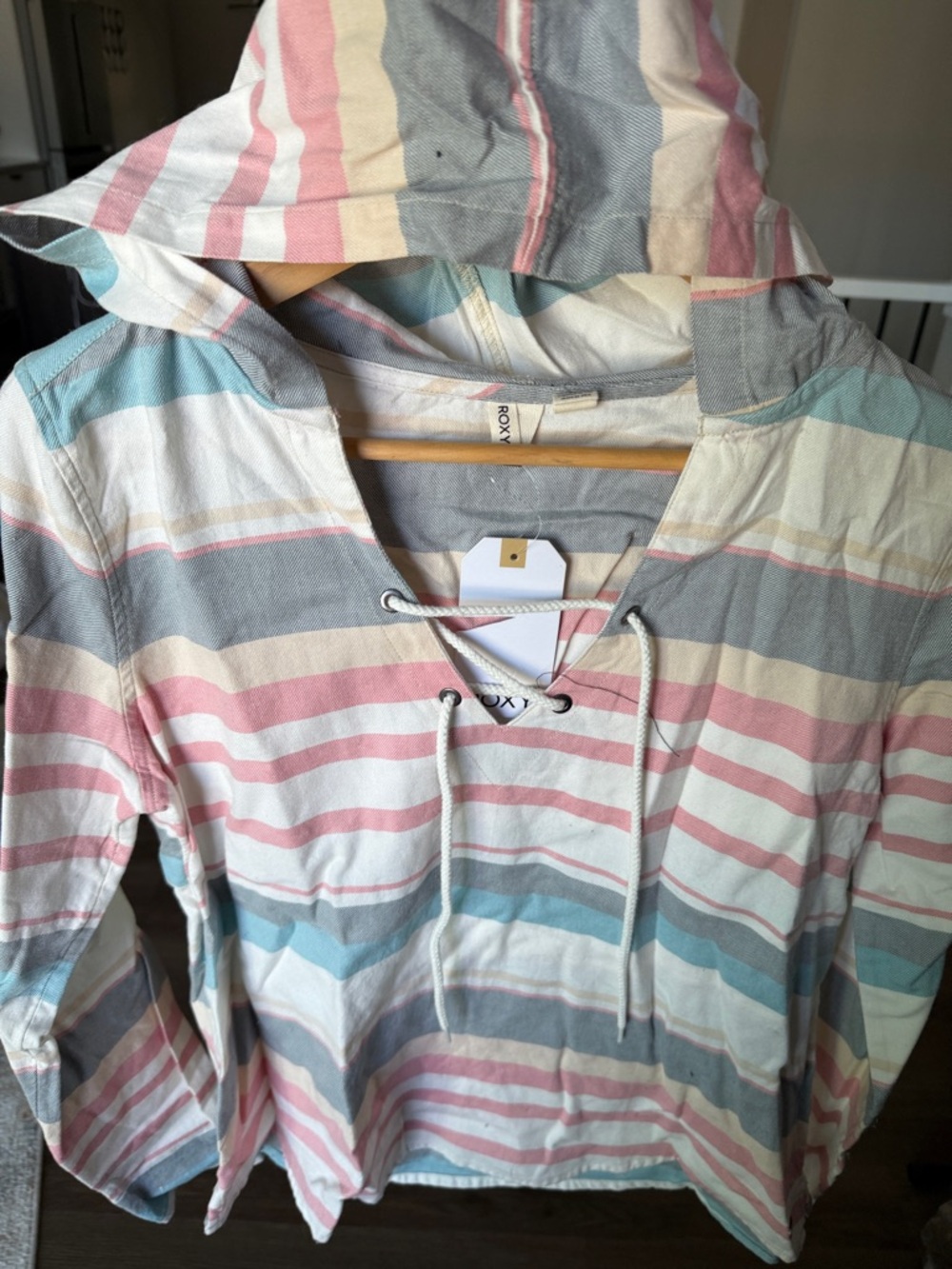 Roxy Pastel Striped Lace-Up Hooded Pullover - Pink, Blue, Gray, Cream